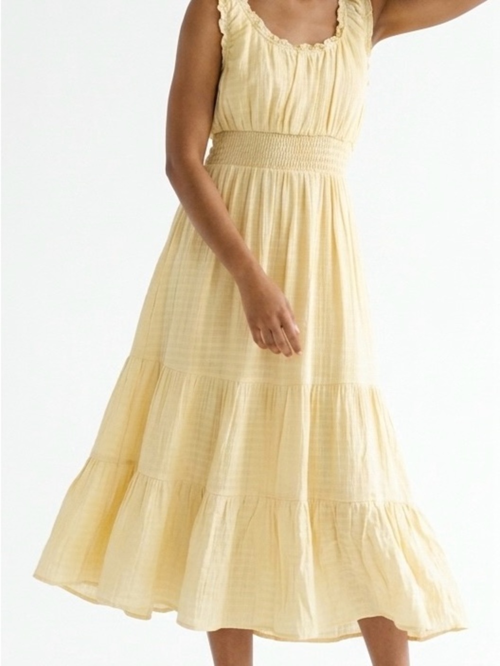 Butter Yellow Smocked Tiered Midi Dress Ruffle Boho Prairie Size L